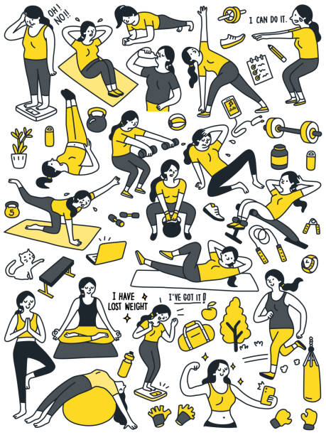 Doodle character set of workout woman Doodle character set of woman doing workout, fitness, yoga, exercise, and try to lose weight from obesity to become slim body.  Portrait and full length. Funny and simple style. black and white woman stock illustrations