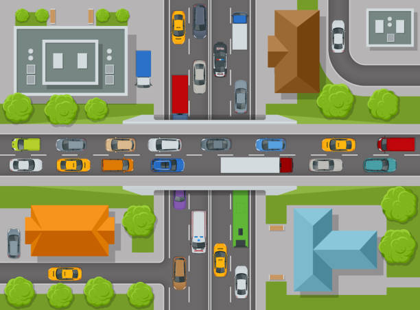 City top view. Cars, roads, houses, streets top view. View town infrastructure. Streets, houses, buildings, roads, crossroads, trees, cars. City top view. Cars, roads, houses, streets top view. View town infrastructure. Streets, houses, buildings roads crossroads trees cars snowy road overhead stock illustrations