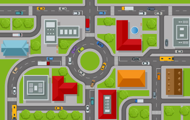 City top view. Cars, roads, houses, streets top view. View town infrastructure. Streets, houses, buildings, roads, crossroads, trees, cars. City top view. Cars, roads, houses, streets top view. View town infrastructure. Streets, houses, buildings roads crossroads trees cars snowy road overhead stock illustrations