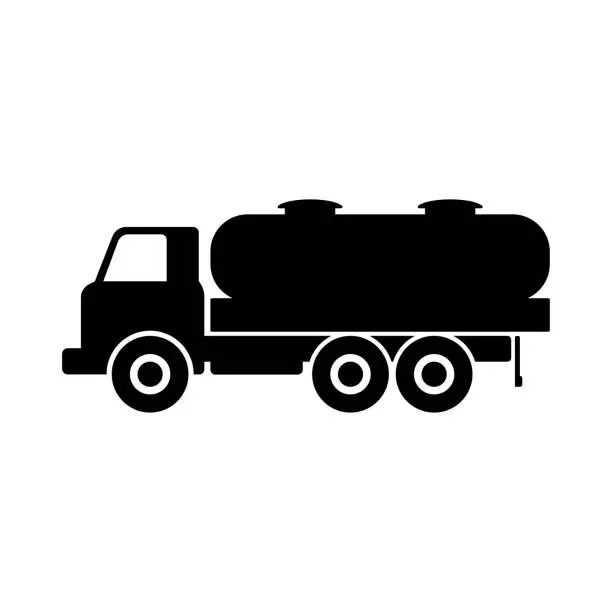 Vector illustration of Old fuel truck icon. Side view. Black silhouette. Vector graphic illustration. Isolated object on a white background. Isolate.