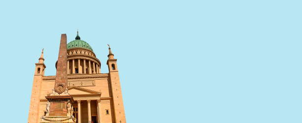 istock Banner with Evangelical church Saint Nikolai at blue sky solid background with copy space, Potsdam, Germany. Concept of historical and religious architecture heritage. 1363442386