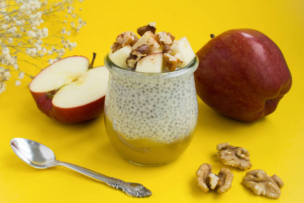 istock Pudding with chia seed, apple, cinnamon and walnuts in the glass jar on the yellow  background. Close-up. 1363442629