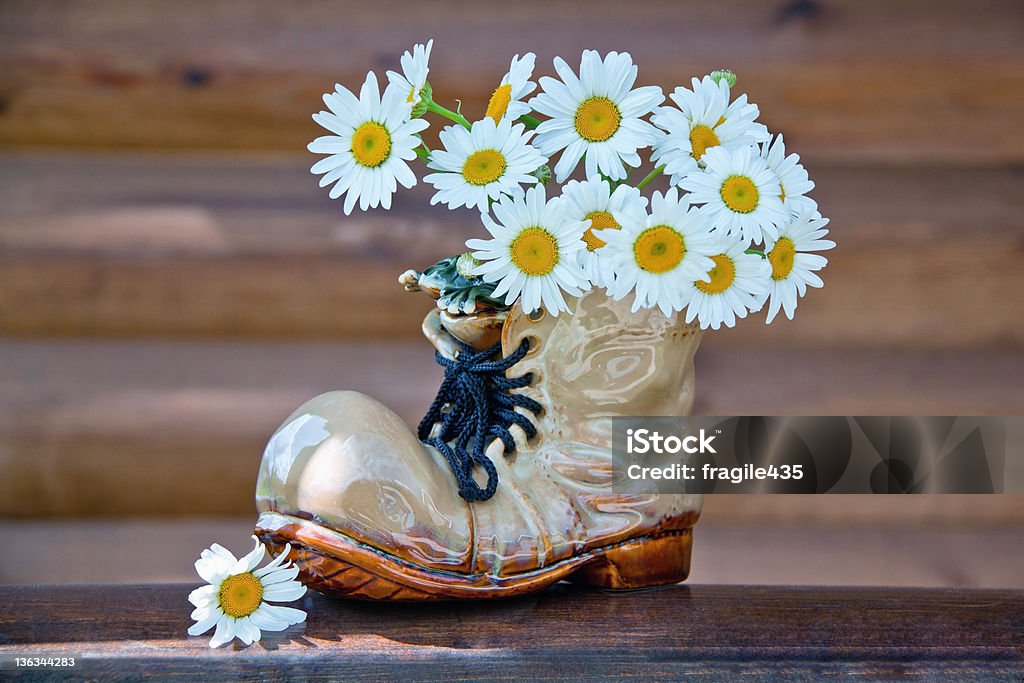 Bouquet of daisies in a decorative vase Bouquet of daisies in a decorative vase in view of the shoe on a wooden background Bouquet Stock Photo