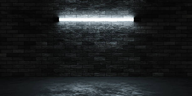 istock dark black brick wall with tube lamp 3d render illustration with low key lighting with cold lighting 1363443540