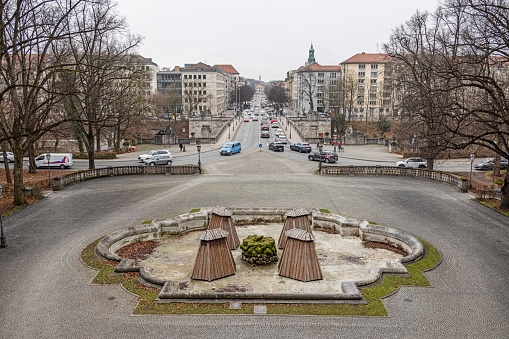 Winter protected fountain in the center of the German city Munich which is the capital city in Bavaria