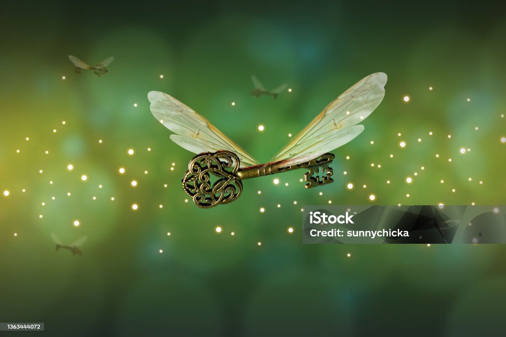 magical flying key meaning with dragonfly wings many keys to open the right door Paranormal Stock Photo