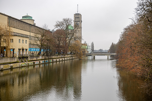 Building belonging to the German Museum, Deutsches Museum which is a large technical museum on a small island in the river Isar in the center of the German city Munich which is the capital city in Bavaria