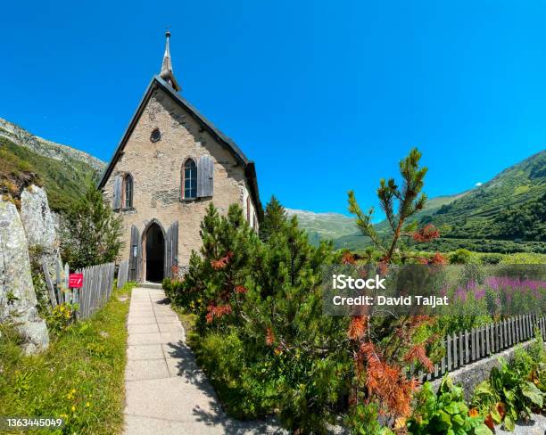 Chapel Of Gletch In Swiss Alps Stock Photo - Download Image Now - Ancient, Architecture, Blue