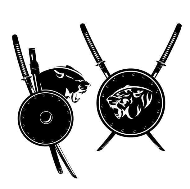 tiger and panther with samurai katana sword and shield black and white vector design set - leopard 2 幅插畫檔、美工圖案、卡通及圖標