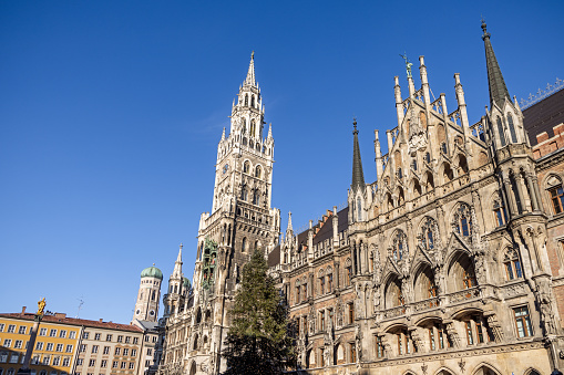 Part of the façade on a clear and sunny winters day of the town hall in the German city Munich which is the capital city in Bavaria