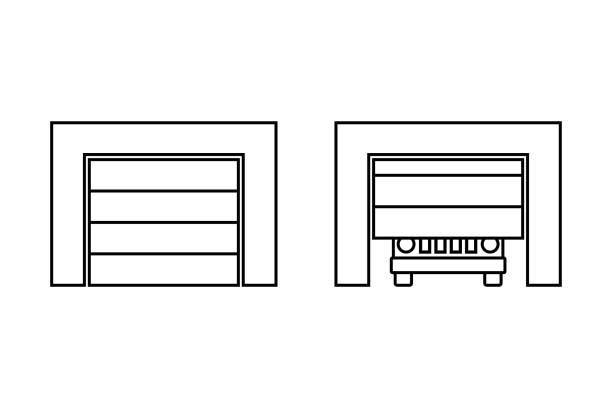 illustrazioni stock, clip art, cartoni animati e icone di tendenza di icona tapparelle garage. vista frontale. siluetta nera del contorno. illustrazione grafica piatta vettoriale. oggetto isolato su sfondo bianco. isolare. - garage