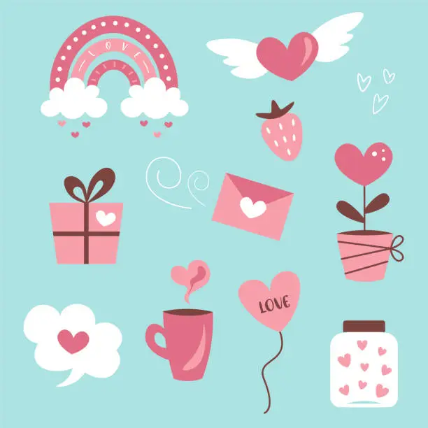 Vector illustration of Valentines Day set. Hearts, rainbow, gift box, speech bubble, flower, mug, love mail, candy can, strawberry, balloon and doodle elements. Valentine's day, love or wedding theme.