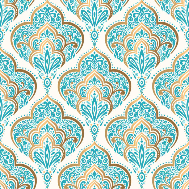 Gold and turquoise vector seamless pattern. Ornament, Traditional, Ethnic, Arabic, Turkish, Indian motifs. Great for fabric and textile, wallpaper, packaging design or any desired idea. Vector illustration turkish culture stock illustrations
