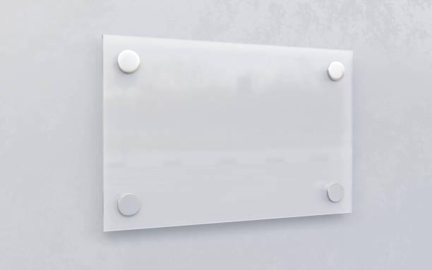 istock Blank empty white glass sign board on bright tiled wall 3d render illustration 1363448054