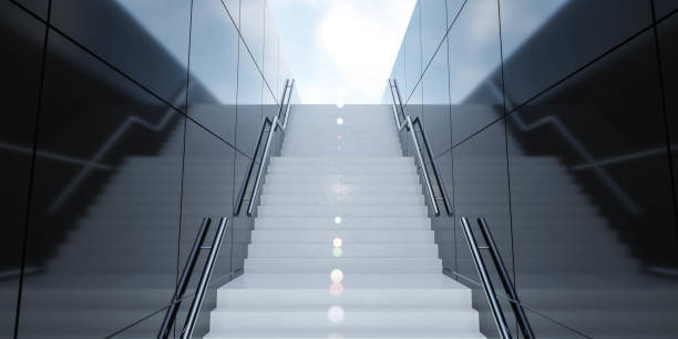 istock stair case with dark marble surface and bright sun back lighting with glares and reflections 3d render illustration 1363448088
