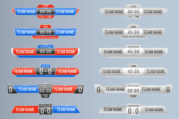 A scoreboard broadcast, sport score board football Scoreboard broadcast graphic and lower thirds template for sport soccer, football, basketball, futsal. Sport score board with time and result display. Art design lower thirds template. Vector. scoring stock illustrations