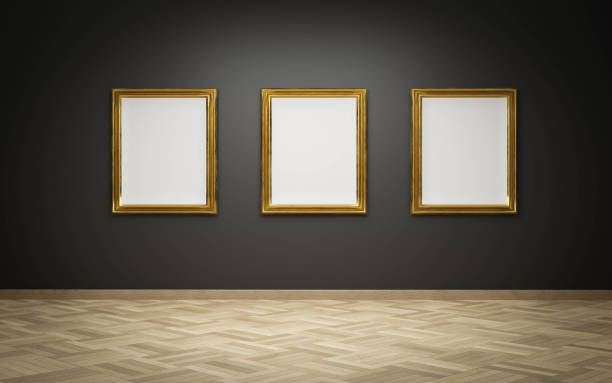 istock empty golden picture frames with blank canvas on black wall in art gallery exhibition 3d render illustration mock up template 1363452121