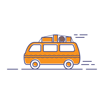 Van icon. Minibus. Travel and tourism. Colored contour linear silhouette. Side view. Emblem. Vector simple flat graphic illustration. The isolated object on a white background. Isolate.