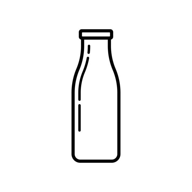 ilustraciones, imágenes clip art, dibujos animados e iconos de stock de icono de botella. silueta lineal de contorno negro. vista lateral vertical. ilustración gráfica plana simple vectorial. el objeto aislado sobre un fondo blanco. aislar. - milk bottle milk bottle empty