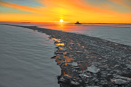 Sunset view from ice breaker ship, in Lulea, Sweden