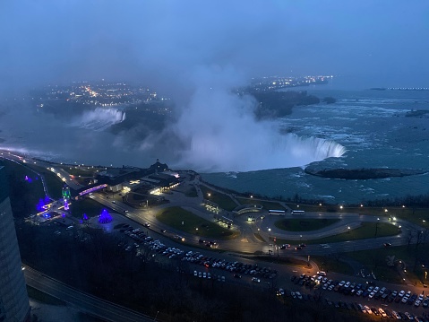 High angle shot of Niagara Falls on a overcast evening around dusk, shot from the Canadian side of the water falls (horseshoe falls)