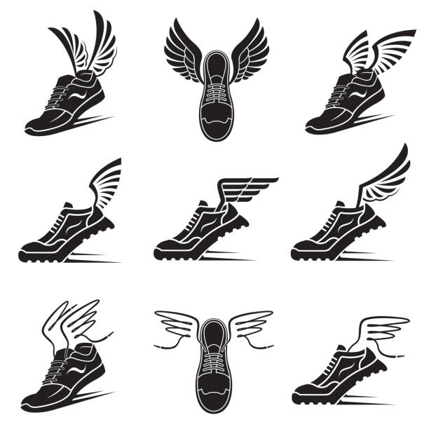 bildbanksillustrationer, clip art samt tecknat material och ikoner med winged sport shoes icons - sportskor