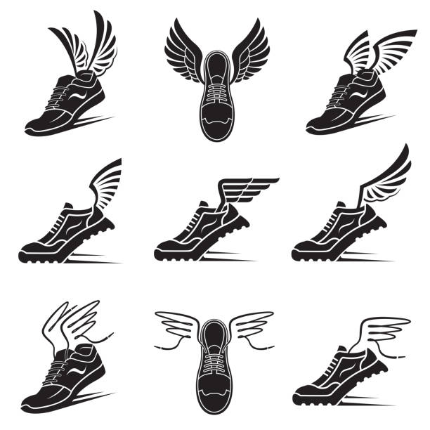 winged sport shoes icons collection of speeding sport shoes with wings isolated on white background costume wing stock illustrations