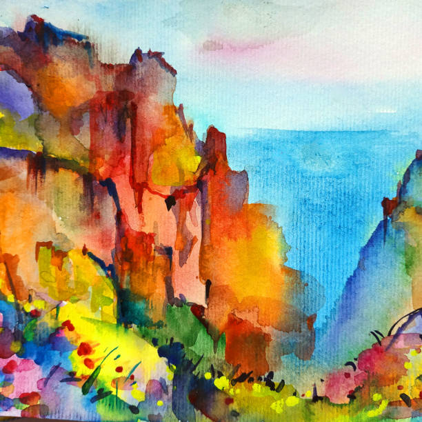 istock Watercolor colorful bright textured abstract background handmade . Mediterranean landscape . Painting of architecture and vegetation of the sea coast 1363461913