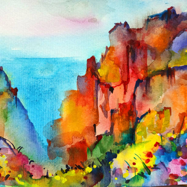 istock Watercolor colorful bright textured abstract background handmade . Mediterranean landscape . Painting of architecture and vegetation of the sea coast 1363461938