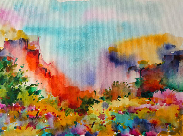 istock Watercolor colorful bright textured abstract background handmade . Mediterranean landscape . Painting of architecture and vegetation of the sea coast 1363461963