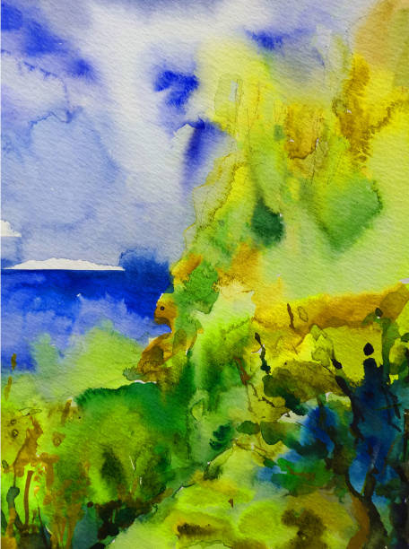 istock Watercolor colorful bright textured abstract background handmade . Mediterranean landscape . Painting of architecture and vegetation of the sea coast 1363462677