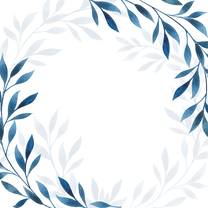 Floral frame, border, blank, template isolated on white. Watercolor botanical illustration for copy space, card, greeting, invitation. Blue leaves square design element.