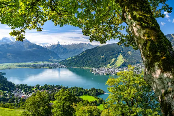 Idyllic summer alpine landscape with Lake Zell, the city of Zell am See and the snow-covered Kitzsteinhorn in the background, Zell am See, Austria, Europe