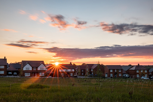 Houses in a new development estate in England at sunset