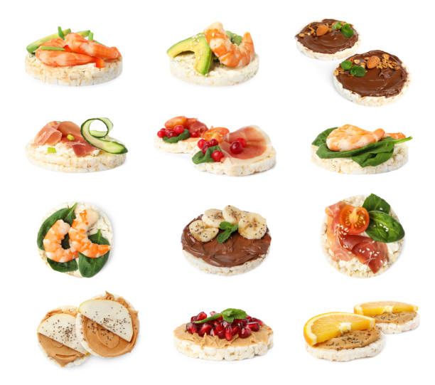 istock Set of puffed corn cakes with different toppings on white background 1363469735