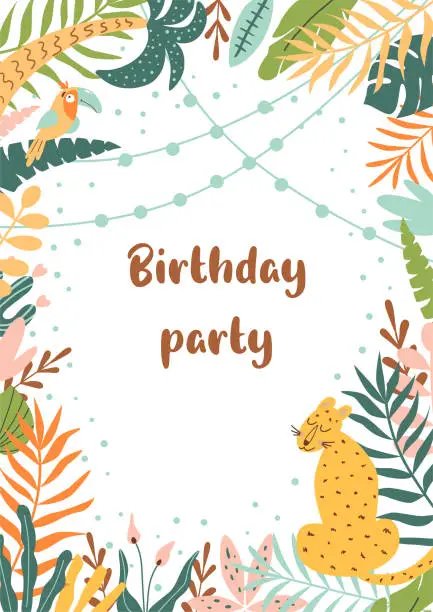 Vector illustration of Jungle party invitation. Tropical birthday party invite. Jungle leaves frame. Wild party template with leopard, jaguar, toucan. Palm leaves frame. Cute bright vector illustration.