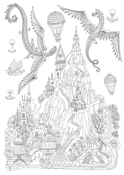 illustrations, cliparts, dessins animés et icônes de château de conte de fées sur une montagne, palmiers, cascade de rivière. dragons volants et baloon aérien. page de livre à colorier pour adultes - picture book fairy tale castle dragon