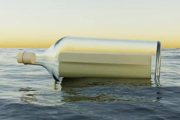 A 3d render of a message in a bottle in the sea water around the time of sun rise or sun set