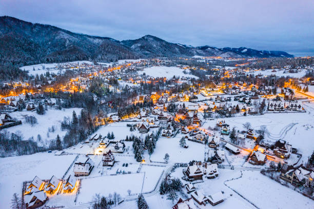 WInter View at Zakopane Skyline and Giewont Mount from Drone stock photo