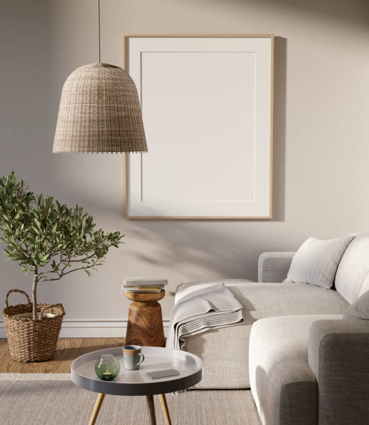 istock Living room interior with big mock up picture on the wall. 3D render. 1363472082