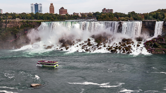 Niagara Falls, Canada - Oct 2, 2021: View at the waterfalls on USA side Niagara Falls, Ontario, Canada.