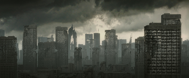 Digitally generated post apocalyptic scene depicting the consequence of a nuclear holocaust, showing a desolate urban landscape with tall buildings in ruins and mostly cloudy sky. \n\nThe scene was created in Autodesk® 3ds Max 2022 with V-Ray 5 and rendered with photorealistic shaders and lighting in Chaos® Vantage with some post-production added.
