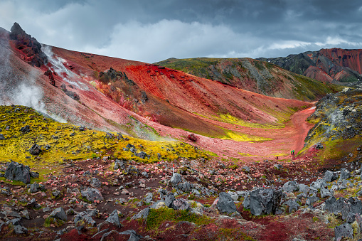 Landscape view of colorful rainbow volcanic Landmannalaugar mountains and famous Laugavegur hiking trail, with dramatic sky and snow in Iceland