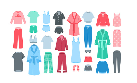 Women home clothes. Flat vector illustration. Comfy loungewear and sleepwear garments to wear at home and at bed. Different pants, shirts, shorts, pajamas, bathrobes, sweatshirts, sweatpants, slippers