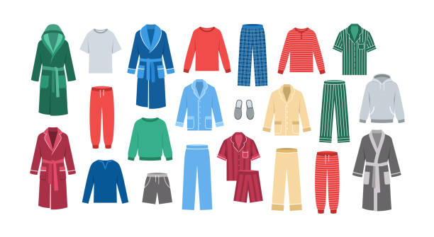 Men home clothes homewear garments vector icons Men home clothes. Flat vector illustration. Comfortable loungewear, sleepwear garments to wear at home, at bed. Different pants, shirts, shorts, pajamas, bathrobes, sweatshirts, sweatpants, slippers cartoon t shirt design stock illustrations
