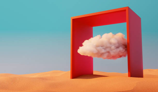 istock 3d render, surreal ocean landscape with white clouds in a blue sky. Modern minimal abstract background 1363480378