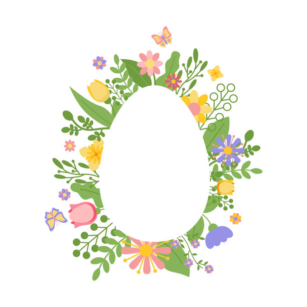 illustrations, cliparts, dessins animés et icônes de cadre, bordure de fleurs en forme d’œuf de pâques - decoration eggs leaf easter