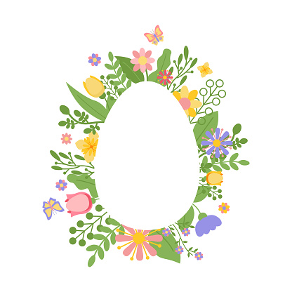 Frame, border of flowers in form of Easter egg. Bright spring flowers and butterflies. Happy Easter. Greeting card. Copy space. Vector illustration Isolated on white background