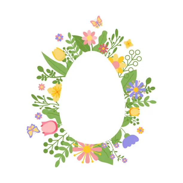 Vector illustration of Frame, border of flowers in form of Easter egg