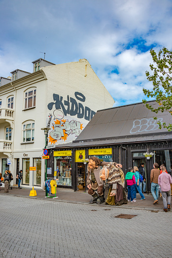 Historical and touristic downtown in Reykjavik at Summer in Iceland, cityscape of main shopping and dining street